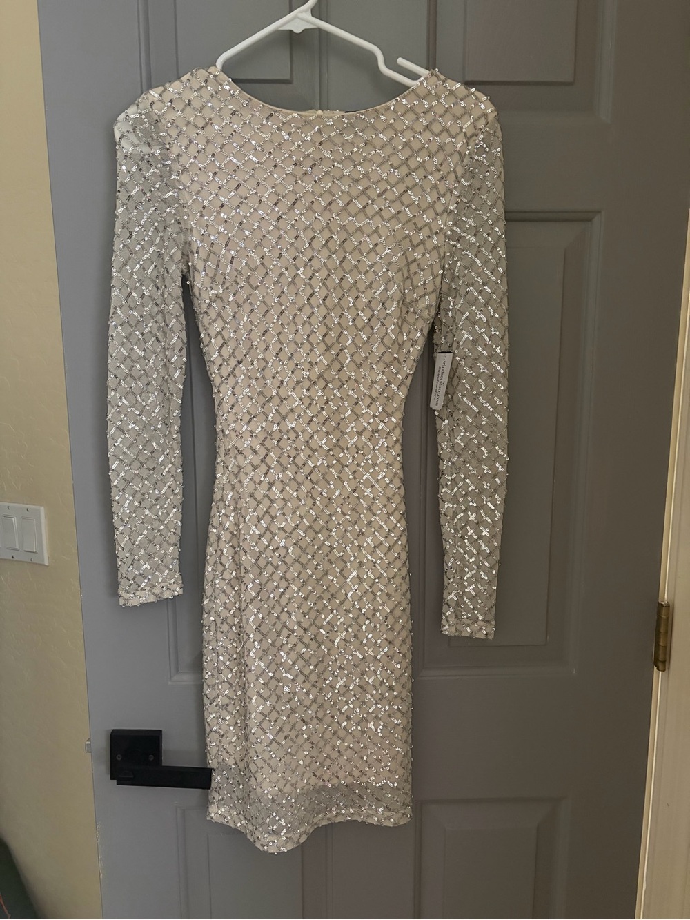 Windsor Long-Sleeve Sequin Sheath Dress in Champagne Silver